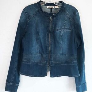 DKNY Zip Front Denim Fitted Jacket, Breast Pocket, Stitched Waist, Sz L, Rd Neck